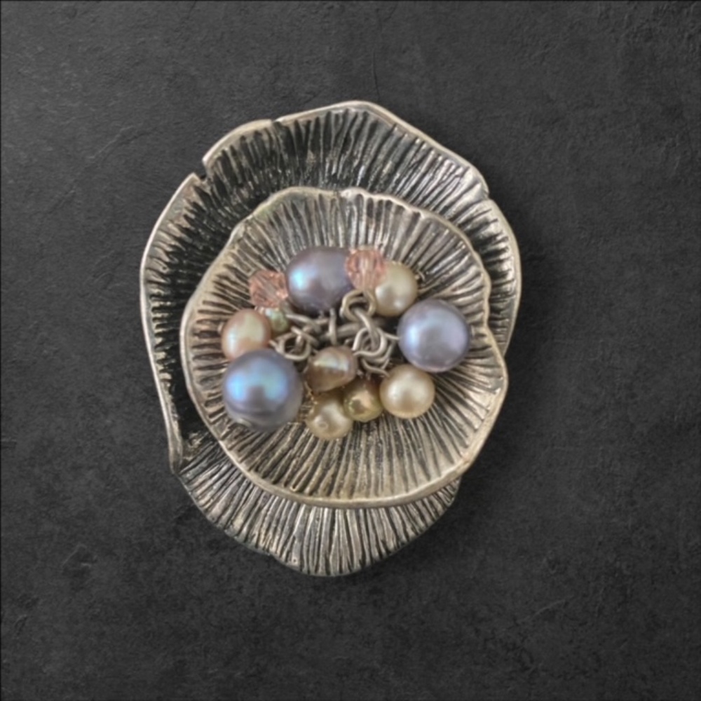 Rare Find Modernist Real Pearl Pewter Floral Brooch 2.25"